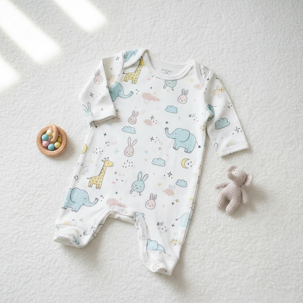 A white baby onesie with cute animal pattern