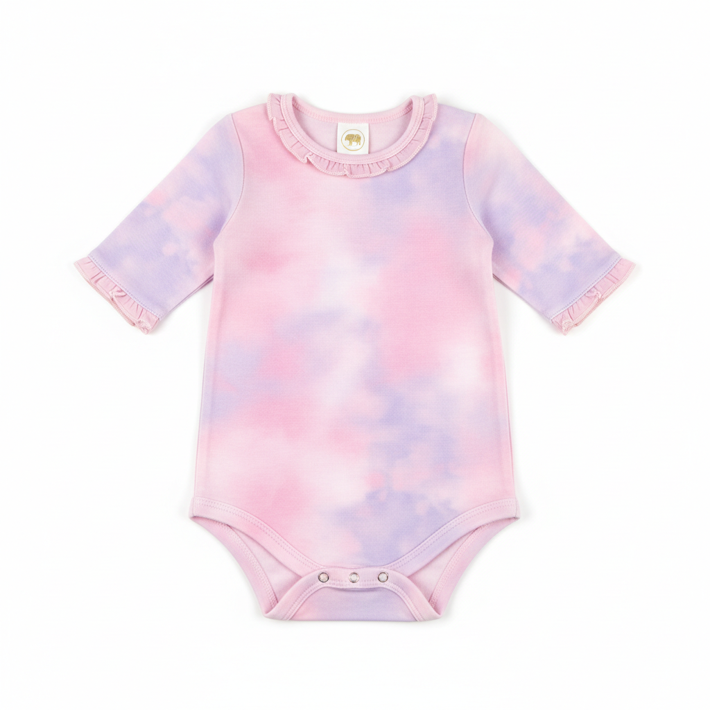 A soft pastel pink and purple baby onesie
