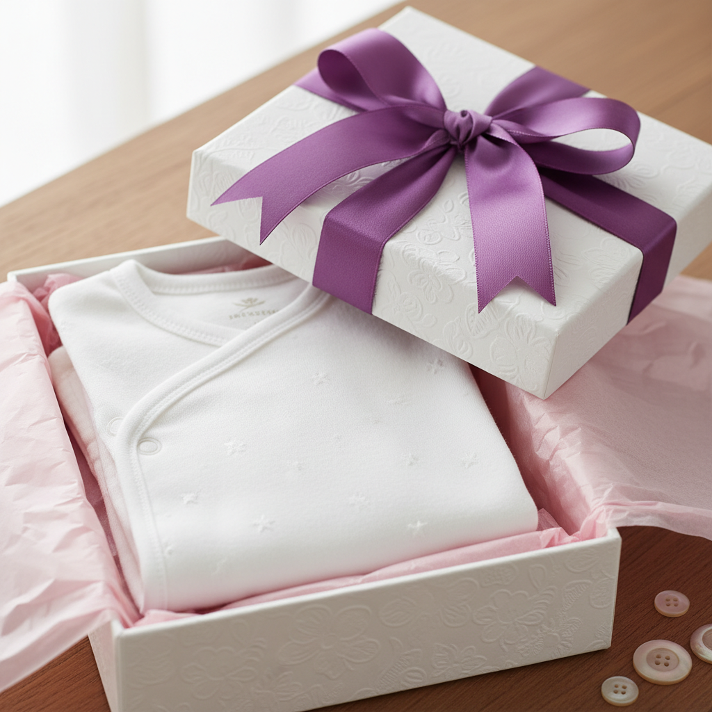A classic baby onesie folded in a gift box with pink tissue paper